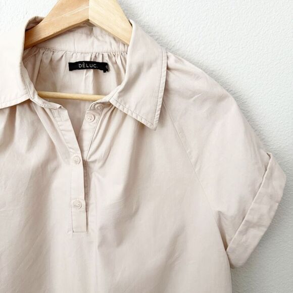 DÈLUC | Beige Light Tan Nude Short Sleeve Collared Pullover Top Blouse | Large - Picture 3 of 8